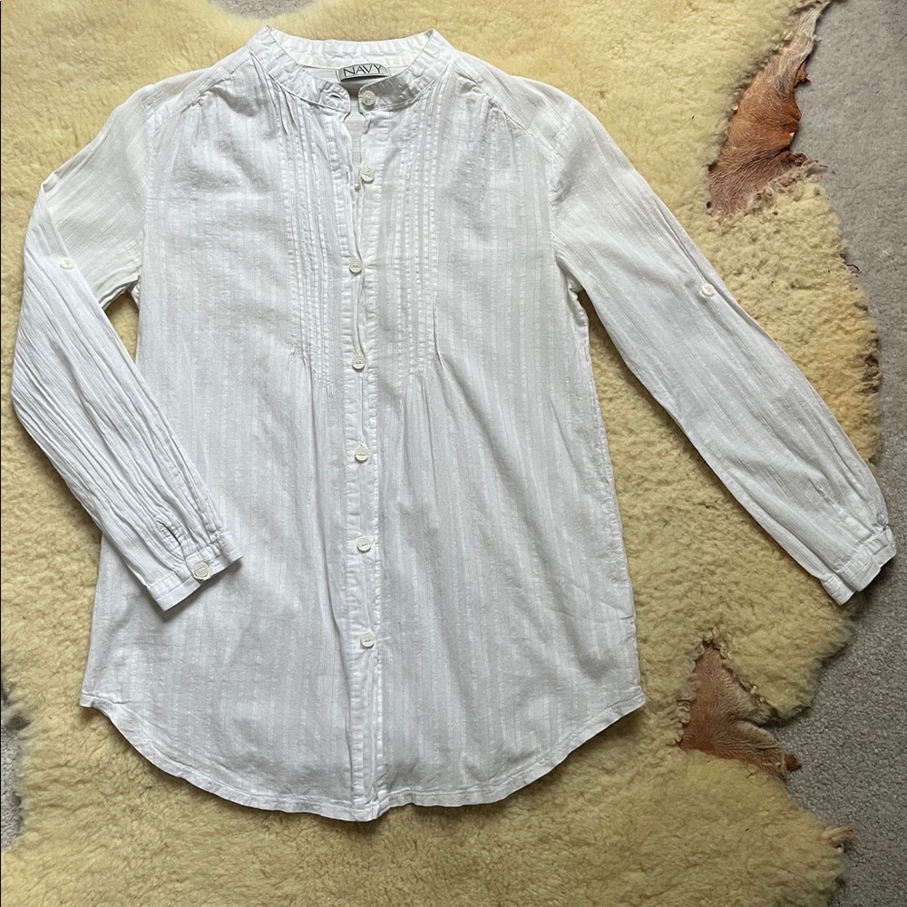 Navy white button down peasant shirt tunic top